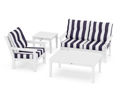 POLYWOOD® Vineyard 4-Piece Deep Seating Set in White / Cabana Stripe Navy