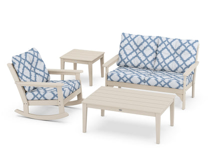 POLYWOOD® Vineyard 4-Piece Deep Seating Rocker Set in Sand / Trellis Sky Blue
