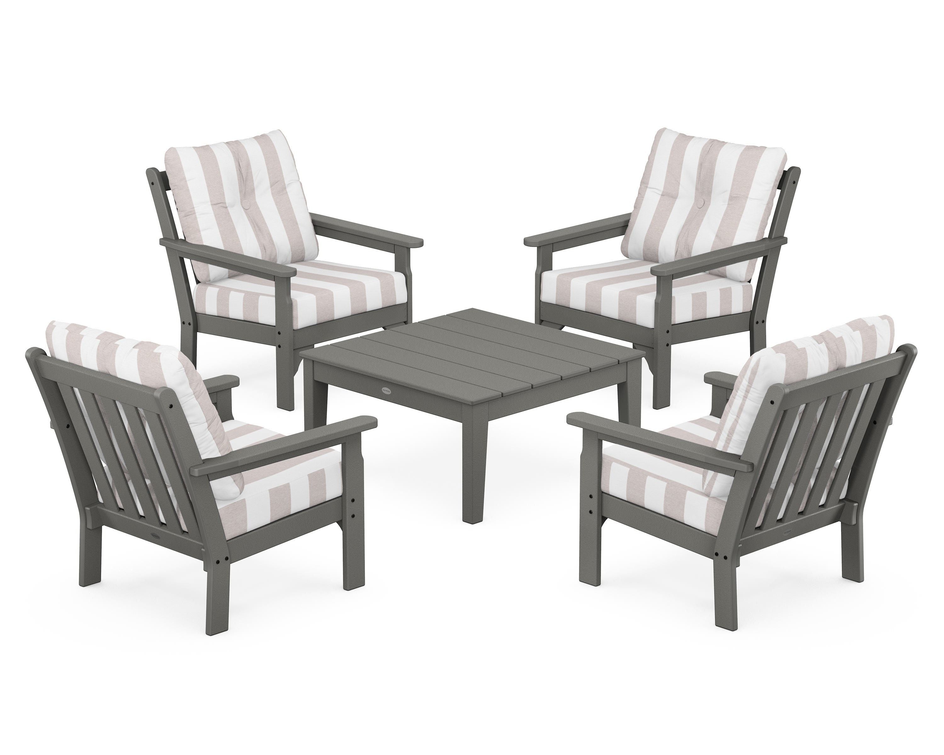 POLYWOOD® Vineyard 5-Piece Deep Seating Conversation Set in Slate Grey / Cabana Stripe Dune Burlap