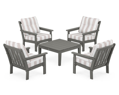 POLYWOOD® Vineyard 5-Piece Deep Seating Conversation Set in Slate Grey / Cabana Stripe Dune Burlap