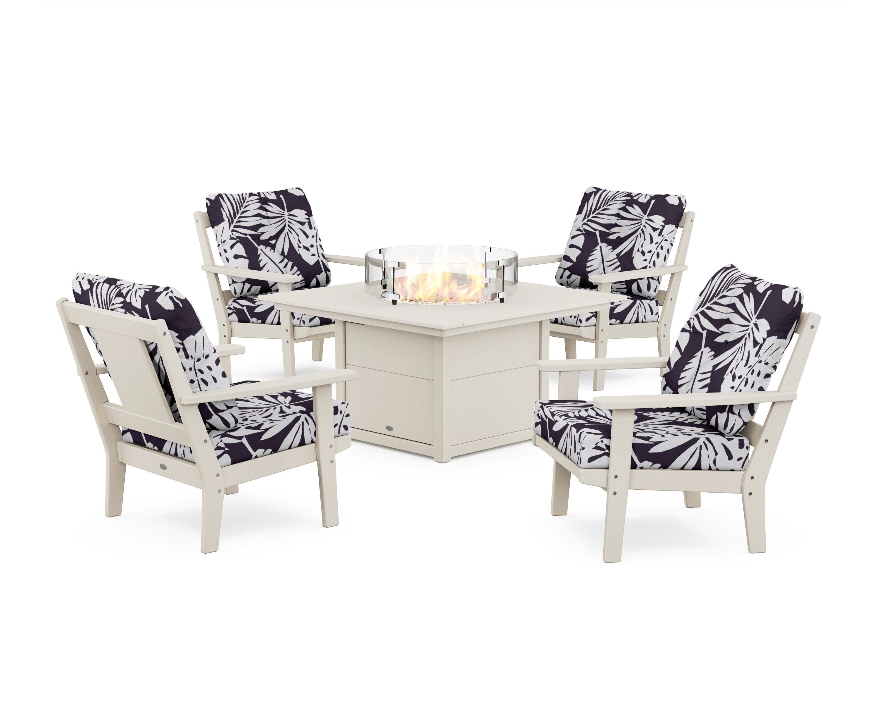 POLYWOOD® Prairie 5-Piece Deep Seating Set with Fire Pit Table in Sand / Leaf Navy