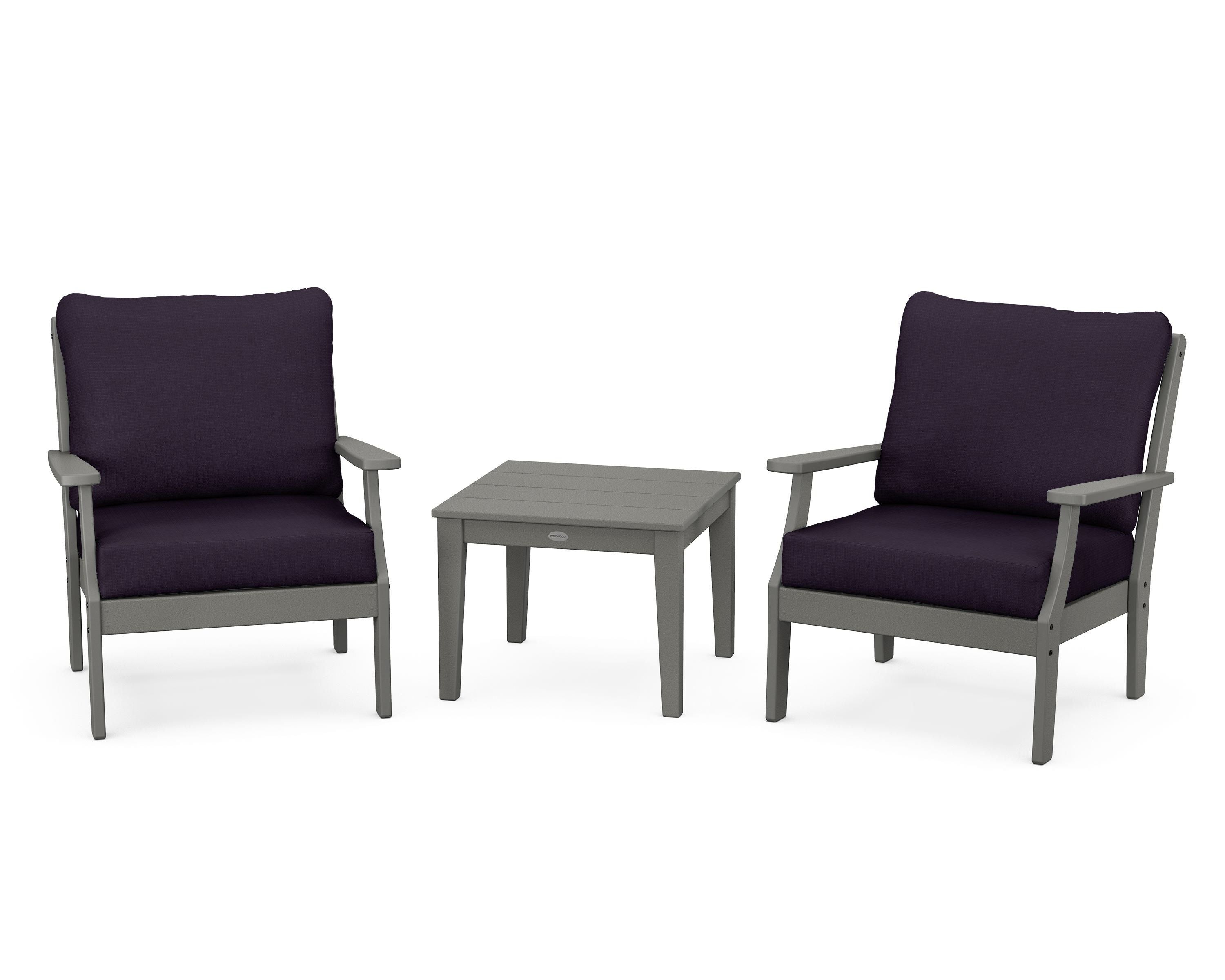 POLYWOOD® Braxton 3-Piece Deep Seating Set in Slate Grey / Navy Linen