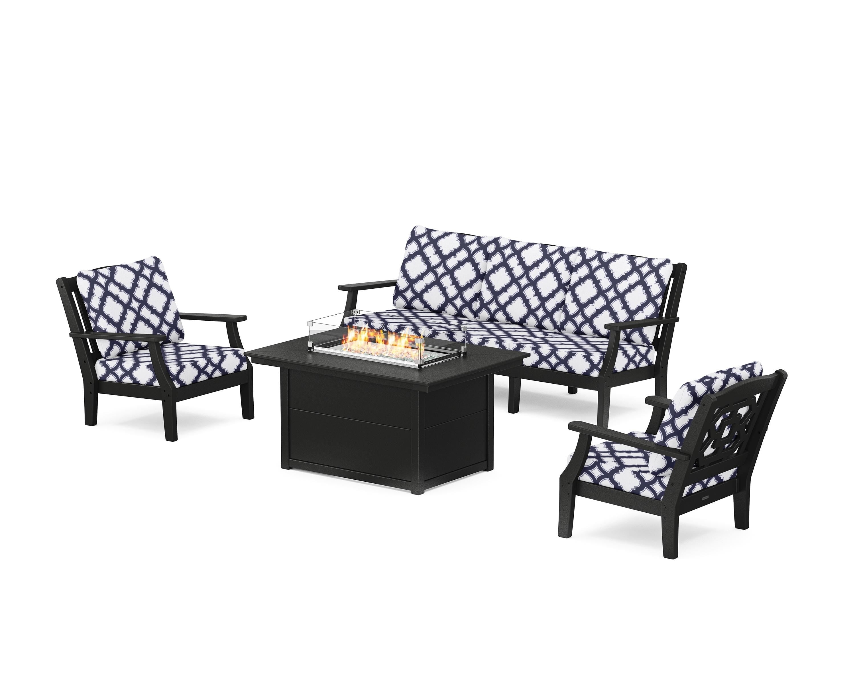 Martha Stewart by POLYWOOD® Chinoiserie Deep Seating Fire Pit Table Set in Black / Trellis Navy