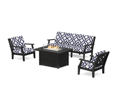 Martha Stewart by POLYWOOD® Chinoiserie Deep Seating Fire Pit Table Set in Black / Trellis Navy