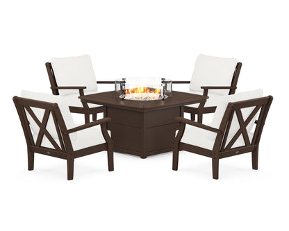 POLYWOOD® Braxton 5-Piece Deep Seating Conversation Set with Fire Pit Table in Mahogany / Natural Linen