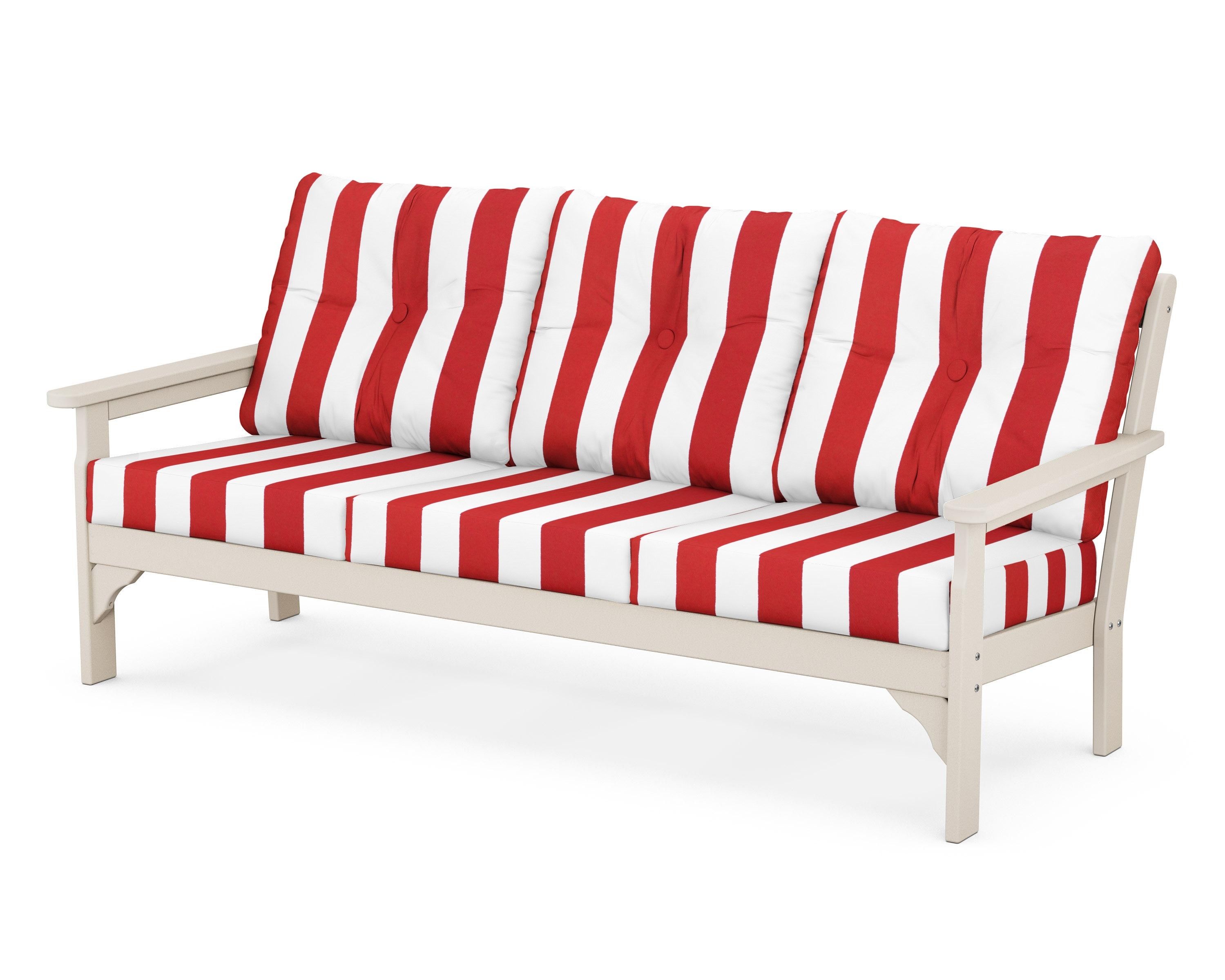 POLYWOOD® Vineyard Deep Seating Sofa in Sand / Cabana Stripe Crimson
