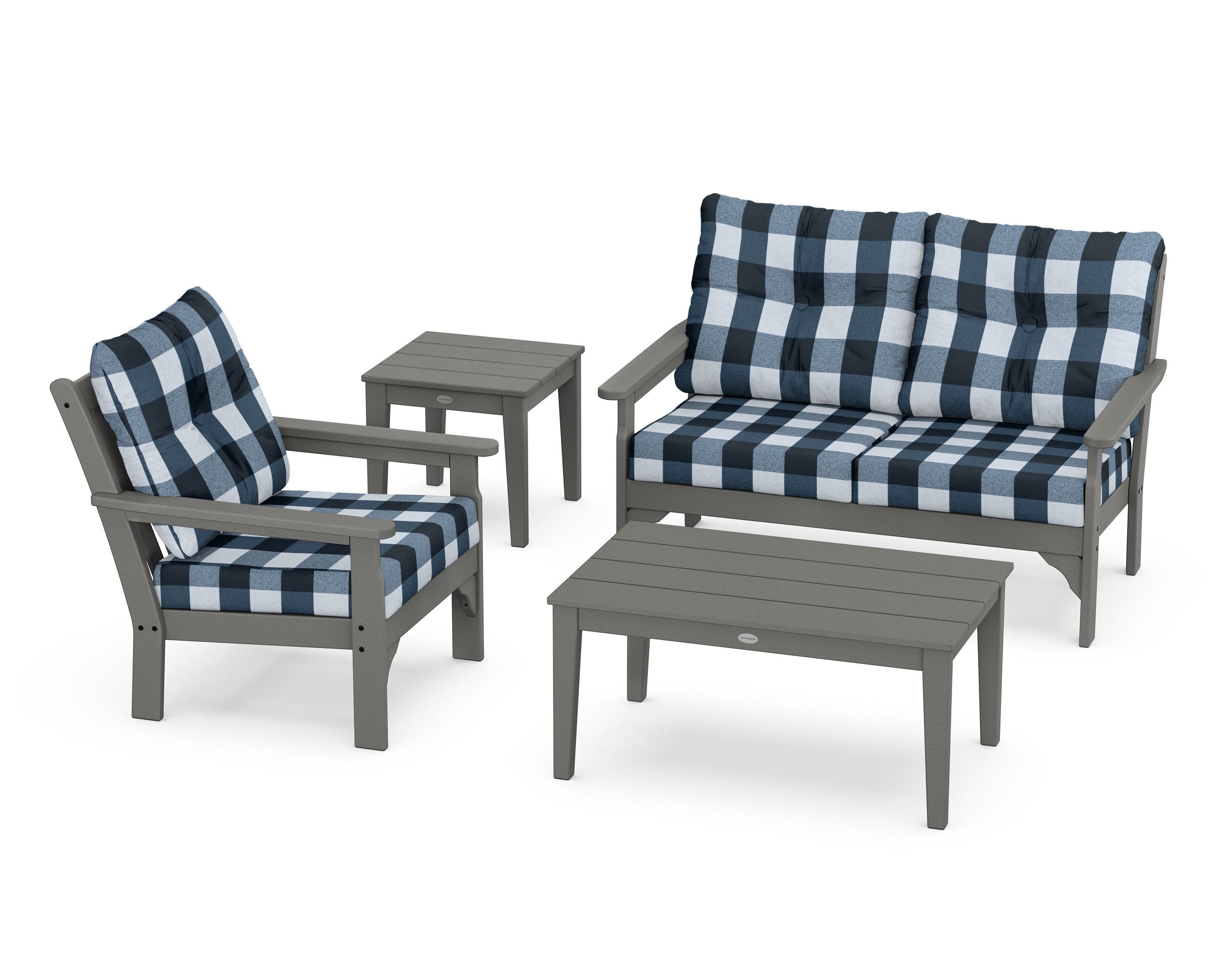POLYWOOD® Vineyard 4-Piece Deep Seating Set in Slate Grey / Buffalo Plaid Marine Indigo