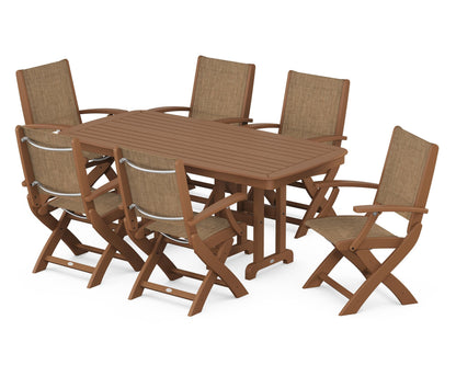 POLYWOOD® Coastal Folding Arm Chair 7-Piece Dining Set in Teak / Burlap Sling