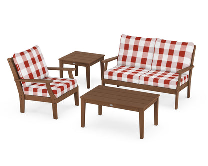 POLYWOOD® Braxton 4-Piece Deep Seating Set in Teak / Buffalo Plaid Crimson