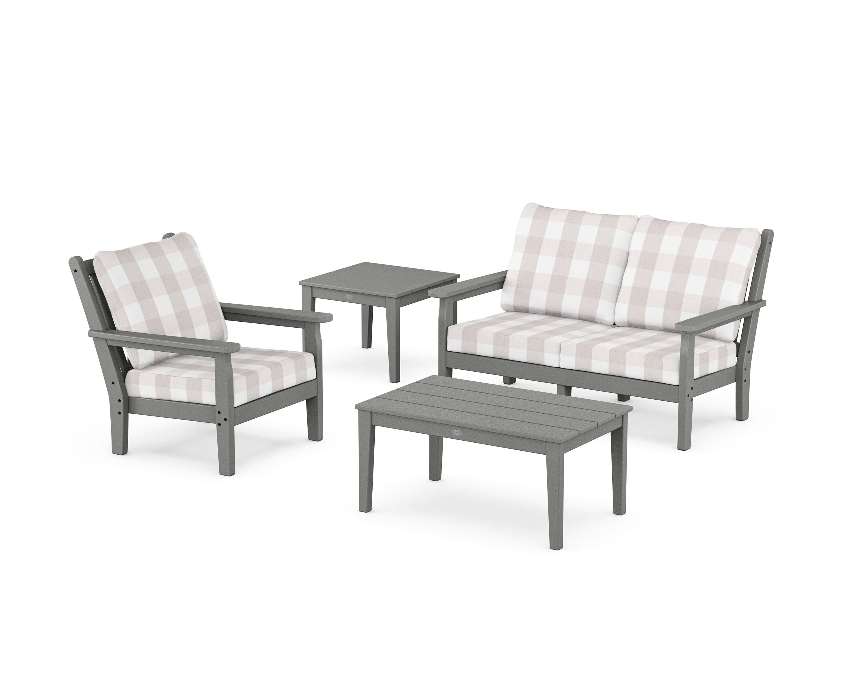POLYWOOD® Chippendale 4-Piece Deep Seating Set in Slate Grey / Buffalo Plaid Dune Burlap
