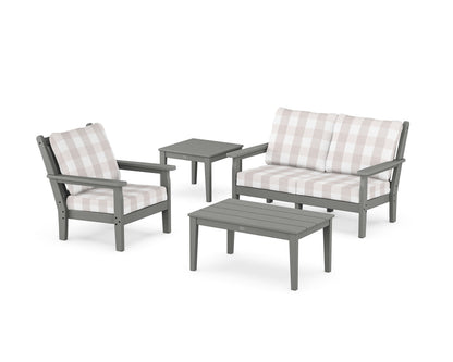 POLYWOOD® Chippendale 4-Piece Deep Seating Set in Slate Grey / Buffalo Plaid Dune Burlap