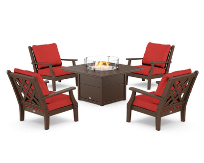 Country Living Wovendale 5-Piece Deep Seating Set with Fire Pit Table in Mahogany / Crimson Linen