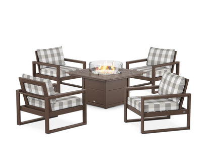POLYWOOD® EDGE Sectional 5-Piece Deep Seating Set with Fire Pit Table in Mahogany / Buffalo Plaid Grey Mist