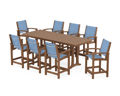 POLYWOOD® Coastal 9-Piece Farmhouse Counter Set with Trestle Legs in Teak / Poolside Sling