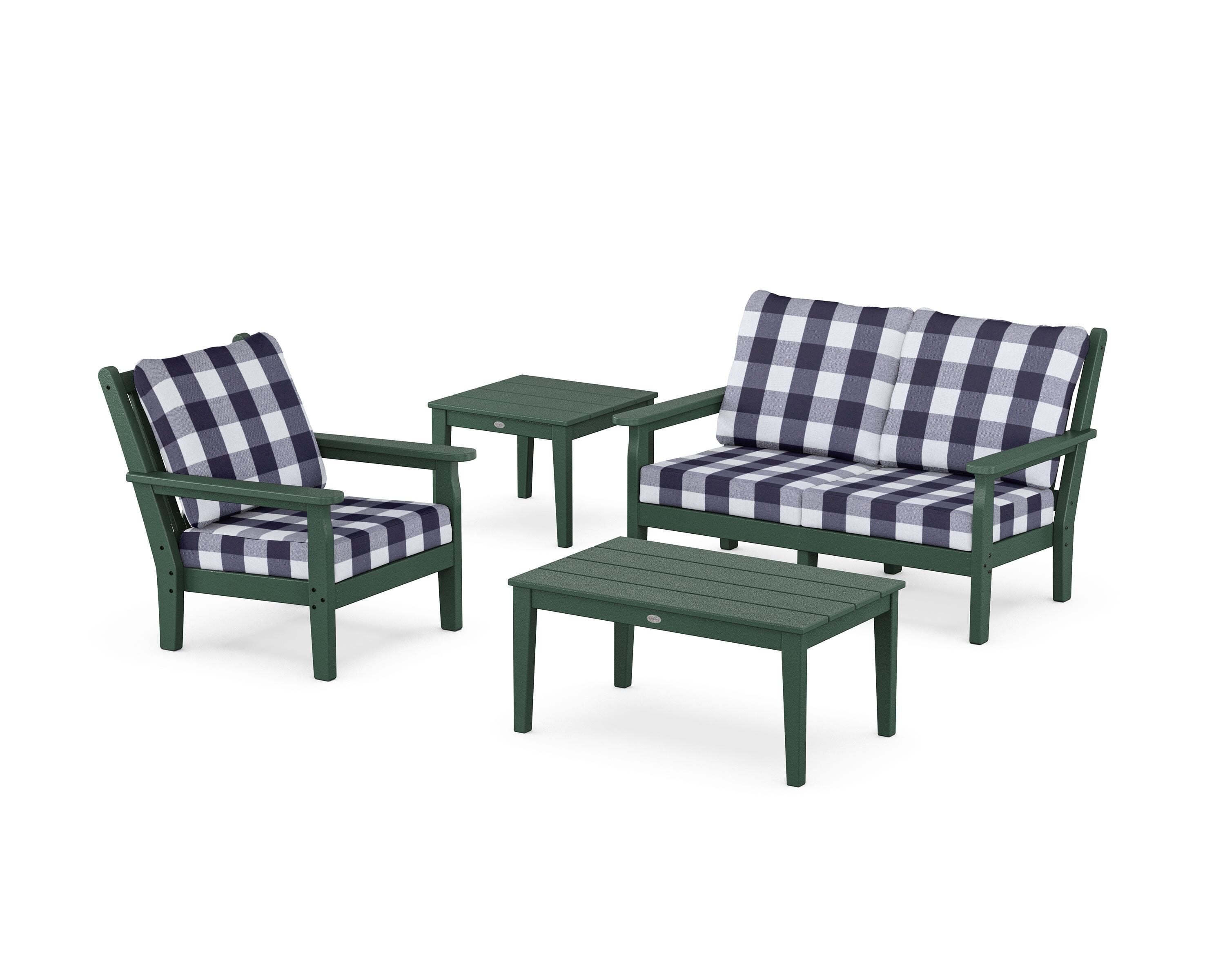 POLYWOOD® Chippendale 4-Piece Deep Seating Set in Green / Buffalo Plaid Navy