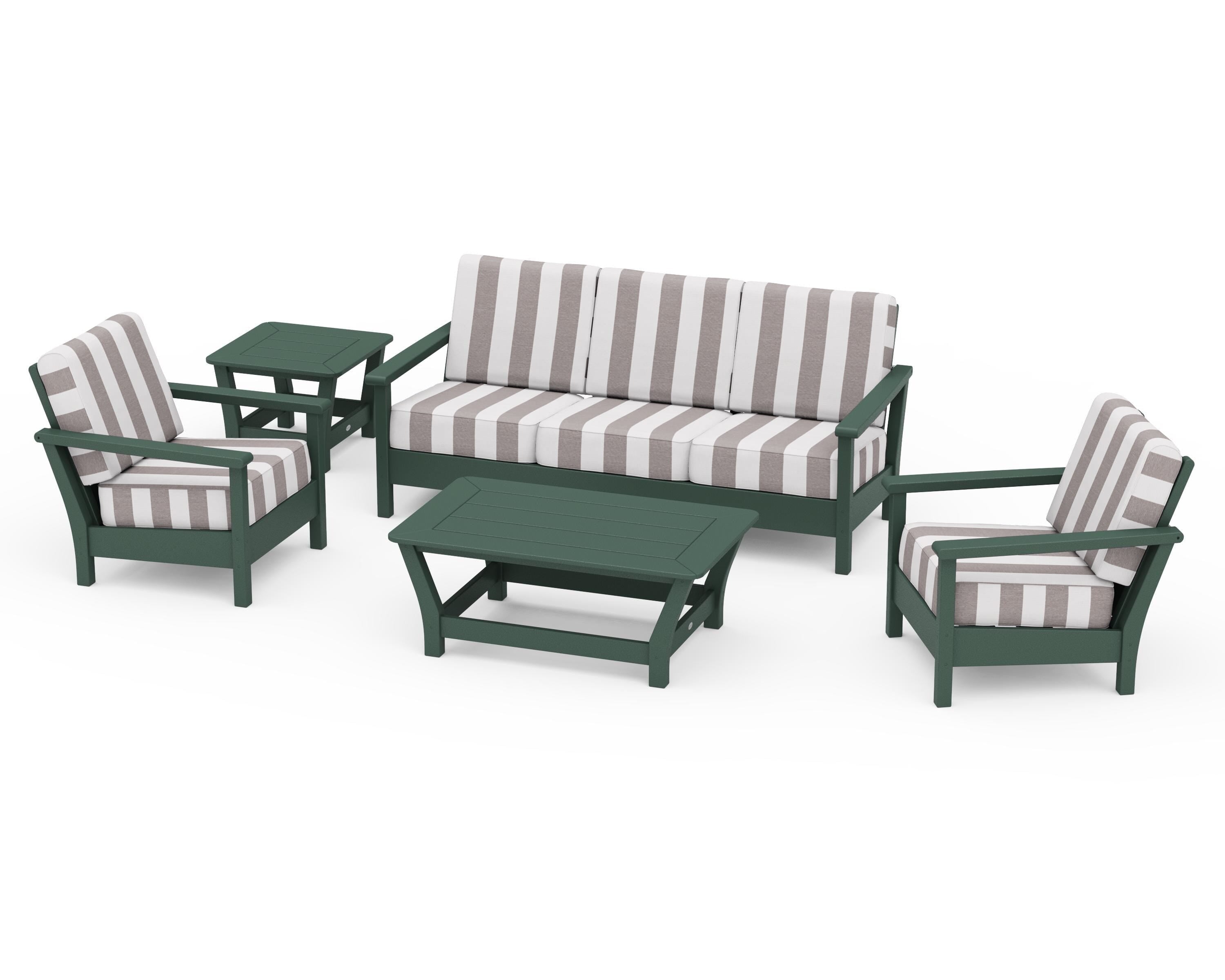 POLYWOOD® Harbour 5-Piece Deep Seating Set in Green / Cabana Stripe Grey Mist