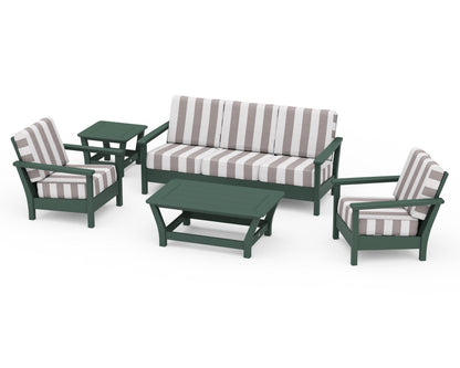 POLYWOOD® Harbour 5-Piece Deep Seating Set in Green / Cabana Stripe Grey Mist