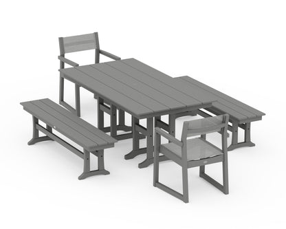 POLYWOOD® EDGE Sling Arm Chair 5-Piece Farmhouse Dining Set with Benches in Slate Grey / Metallic Sling