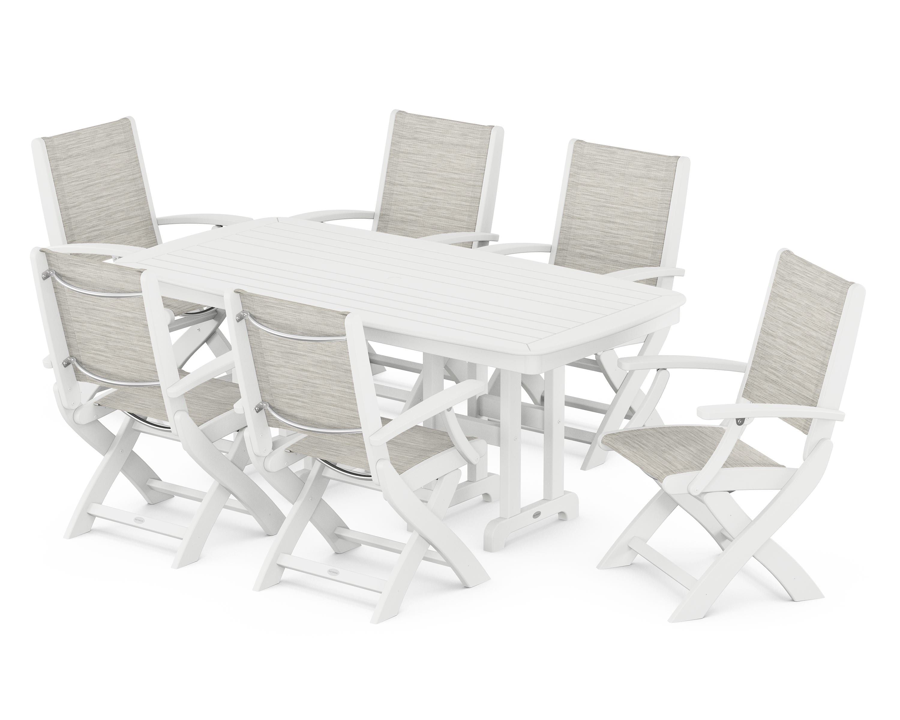POLYWOOD® Coastal Folding Arm Chair 7-Piece Dining Set in White / Birch Sling