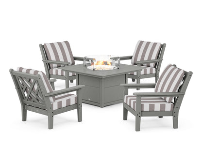 POLYWOOD® Chippendale 5-Piece Deep Seating Set with Fire Pit Table in Slate Grey / Cabana Stripe Grey Mist