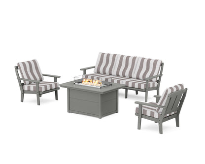 POLYWOOD® Mission Deep Seating Fire Pit Table Set in Slate Grey / Cabana Stripe Grey Mist