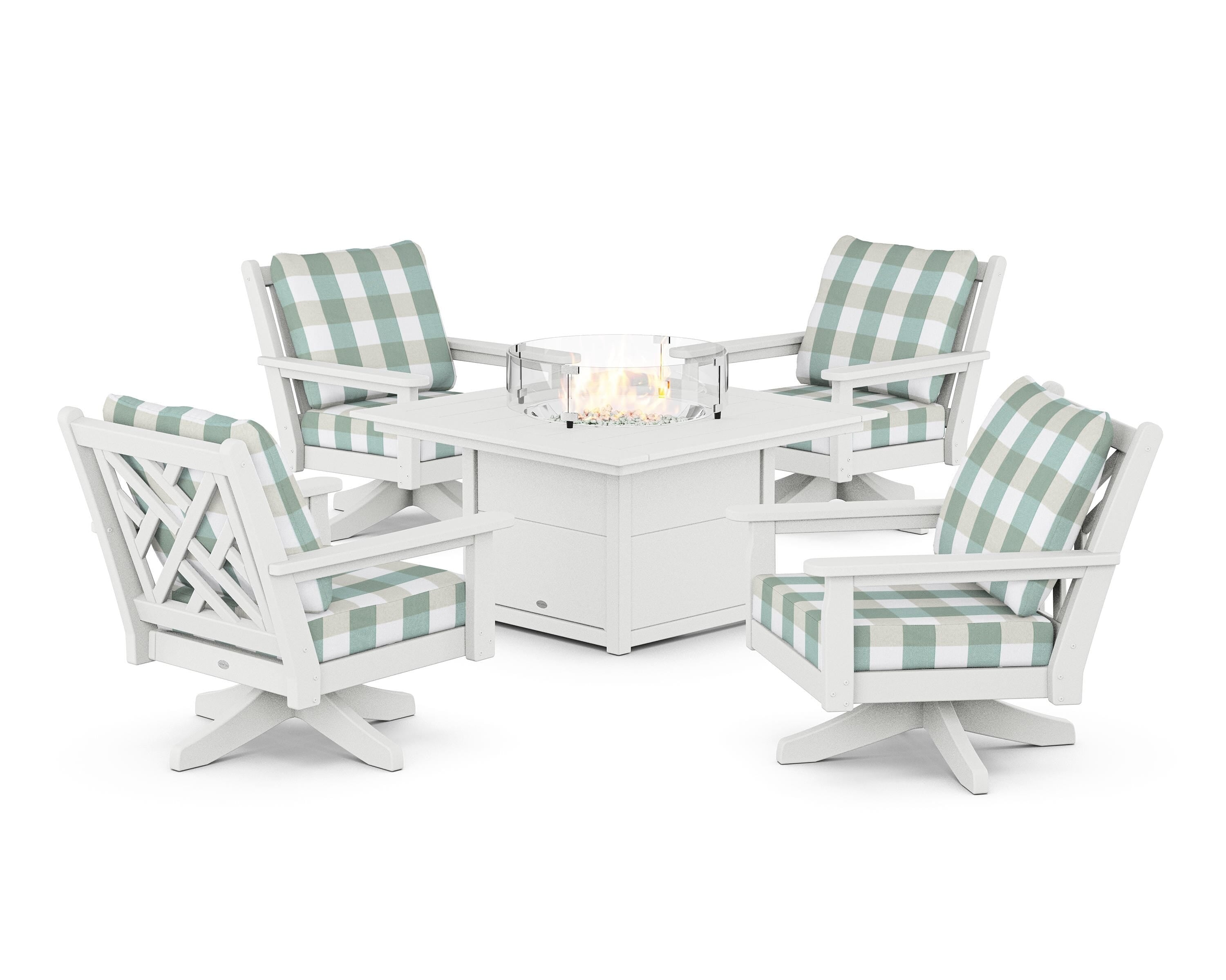 POLYWOOD® Chippendale 5-Piece Deep Seating Swivel Conversation Set with Fire Pit Table in White / Buffalo Plaid Glacier Spa
