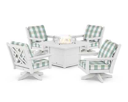 POLYWOOD® Chippendale 5-Piece Deep Seating Swivel Conversation Set with Fire Pit Table in White / Buffalo Plaid Glacier Spa
