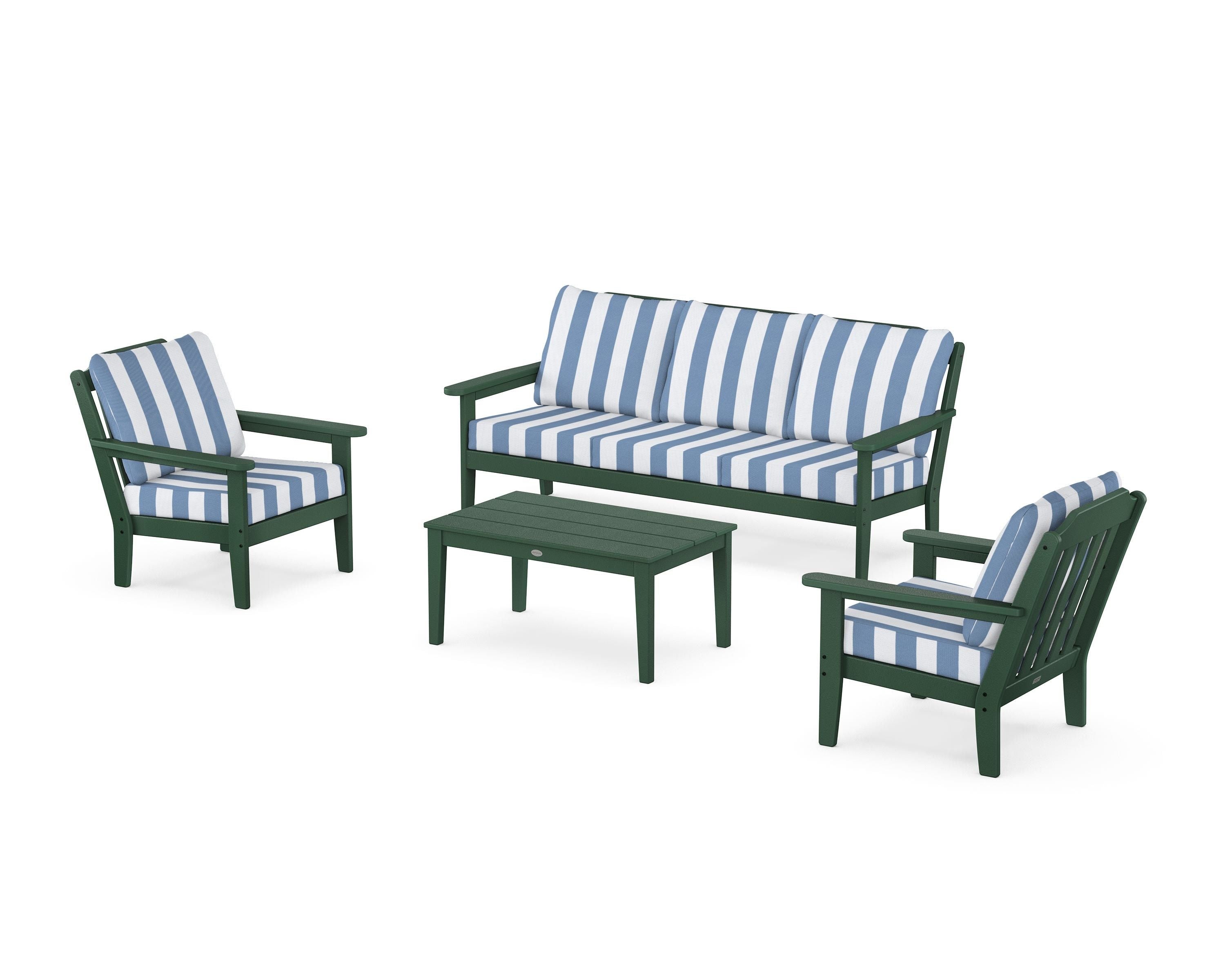 Country Living Cottage 4-Piece Deep Seating Set with Sofa in Green / Cabana Stripe Sky Blue