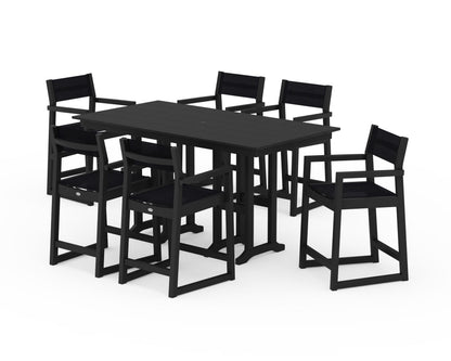 POLYWOOD® EDGE Sling Arm Chair 7-Piece Farmhouse Counter Set in Black / Black Sling