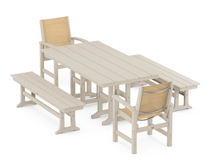 POLYWOOD® Coastal 5-Piece Farmhouse Dining Set in Sand / Dupioni Apricot Sling