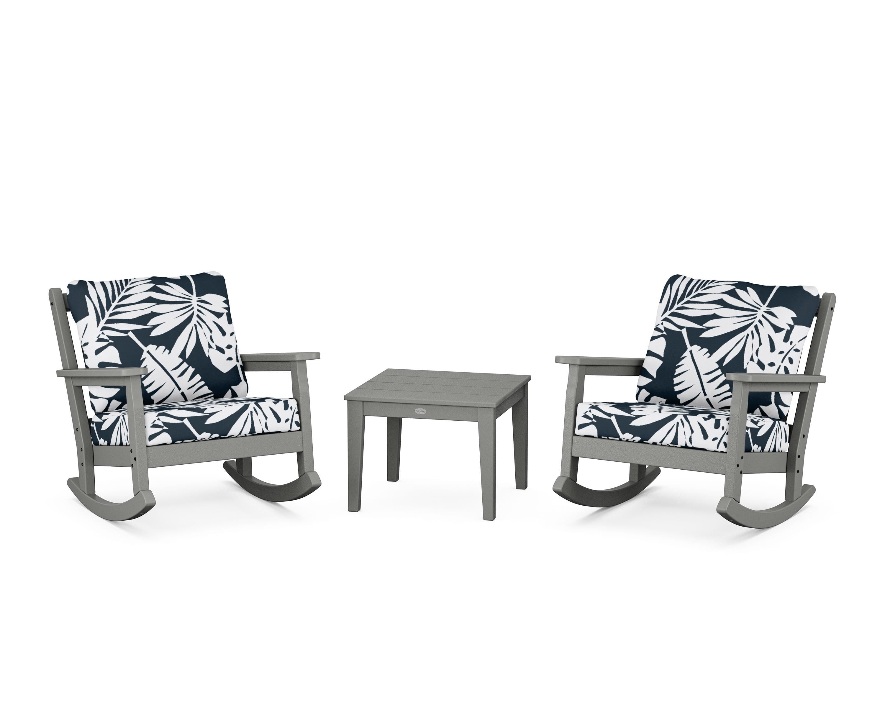 POLYWOOD® Chippendale 3-Piece Deep Seating Rocker Set in Slate Grey / Leaf Marine Indigo