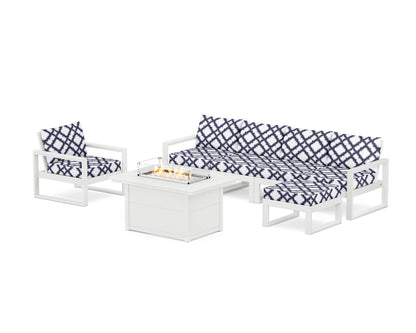 POLYWOOD® EDGE Sectional Lounge and Fire Pit Set in White / Trellis Navy