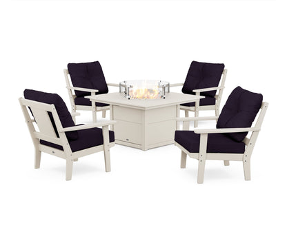 POLYWOOD® Prairie 5-Piece Deep Seating Set with Fire Pit Table in Sand / Navy Linen