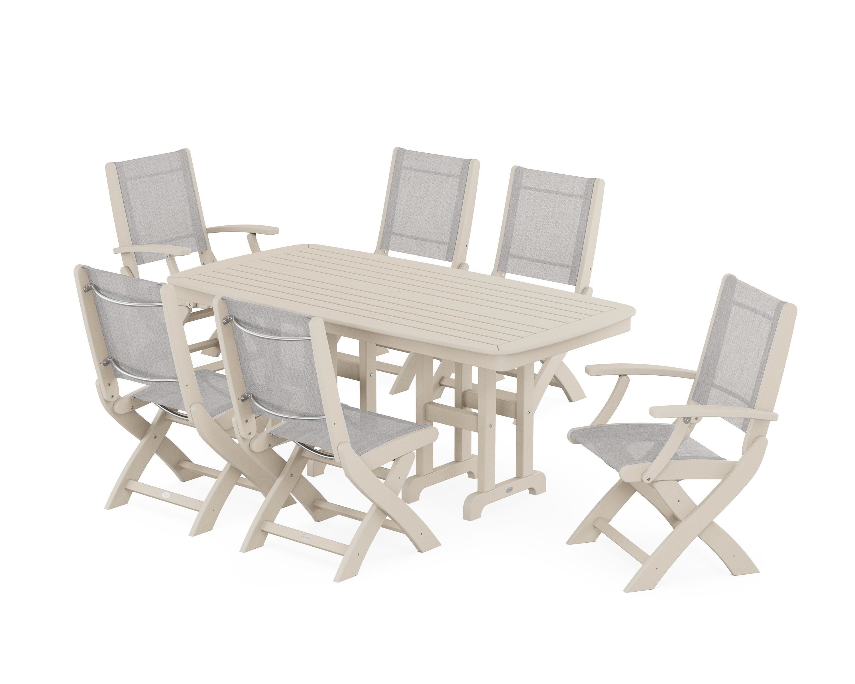 POLYWOOD® Coastal Folding Chair 7-Piece Dining Set in Sand / Parchment Sling