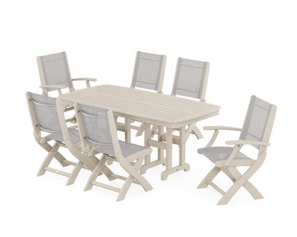 POLYWOOD® Coastal Folding Chair 7-Piece Dining Set in Sand / Parchment Sling