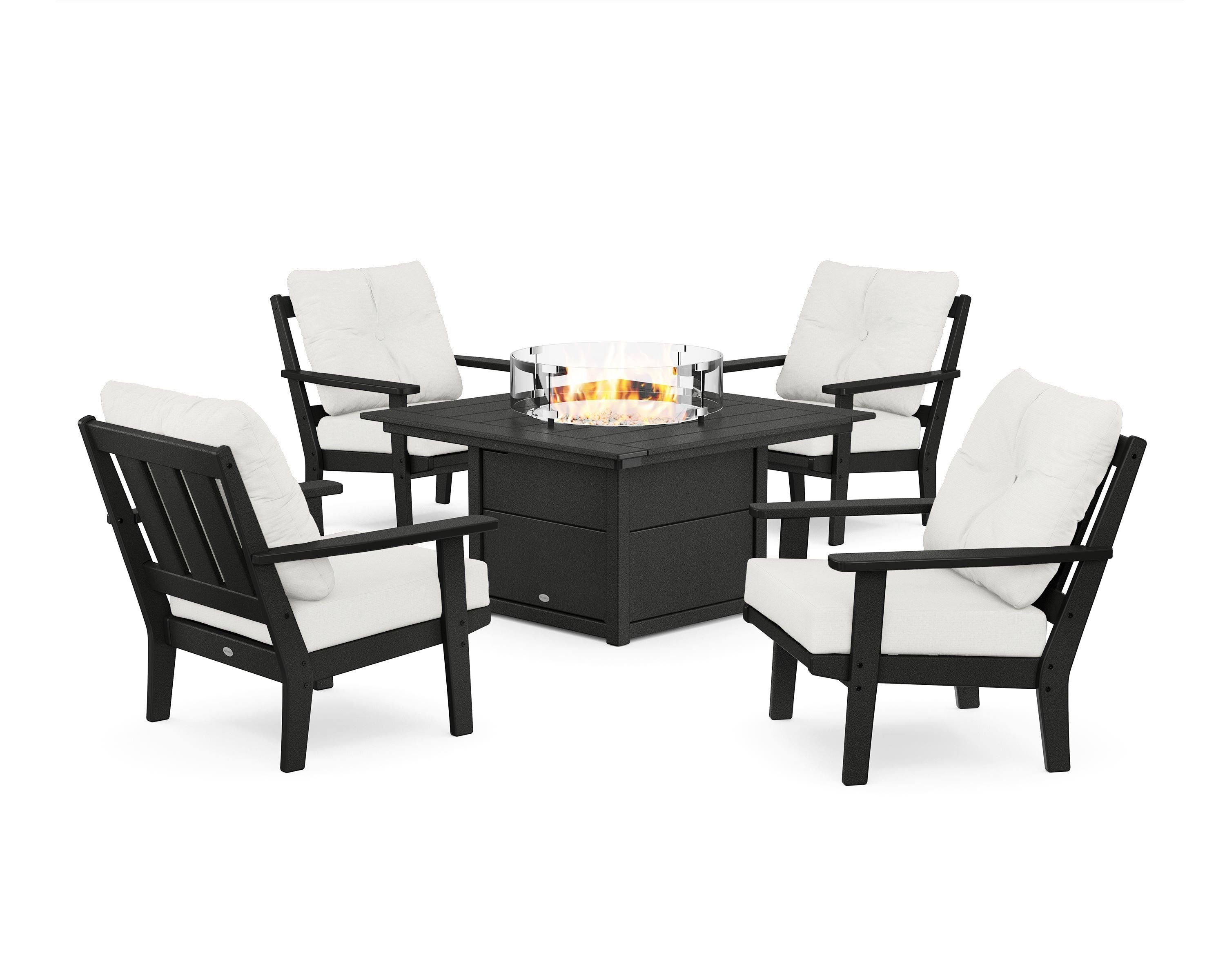 POLYWOOD® Oxford 5-Piece Deep Seating Set with Fire Pit Table in Black / Natural Linen
