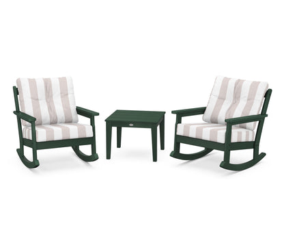 POLYWOOD® Vineyard 3-Piece Deep Seating Rocker Set in Green / Cabana Stripe Dune Burlap
