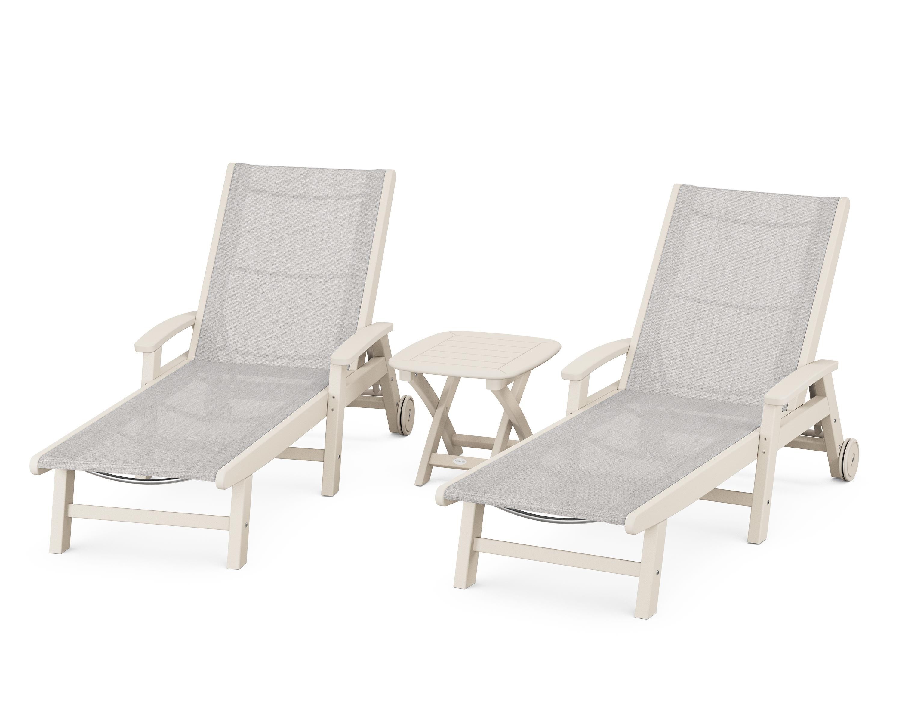 POLYWOOD® Coastal 3-Piece Wheeled Chaise Set in Sand / Parchment Sling