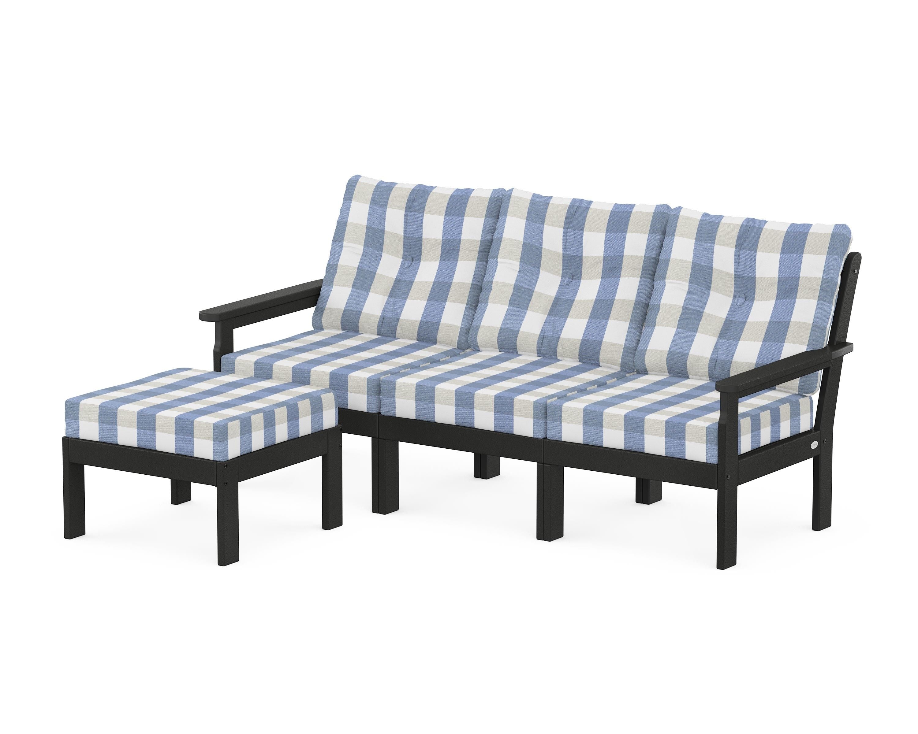 POLYWOOD® Vineyard 4-Piece Sectional with Ottoman in Black / Buffalo Plaid Sky Blue
