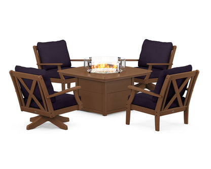 POLYWOOD® Braxton 5-Piece Deep Seating Set with Fire Table in Teak / Navy Linen