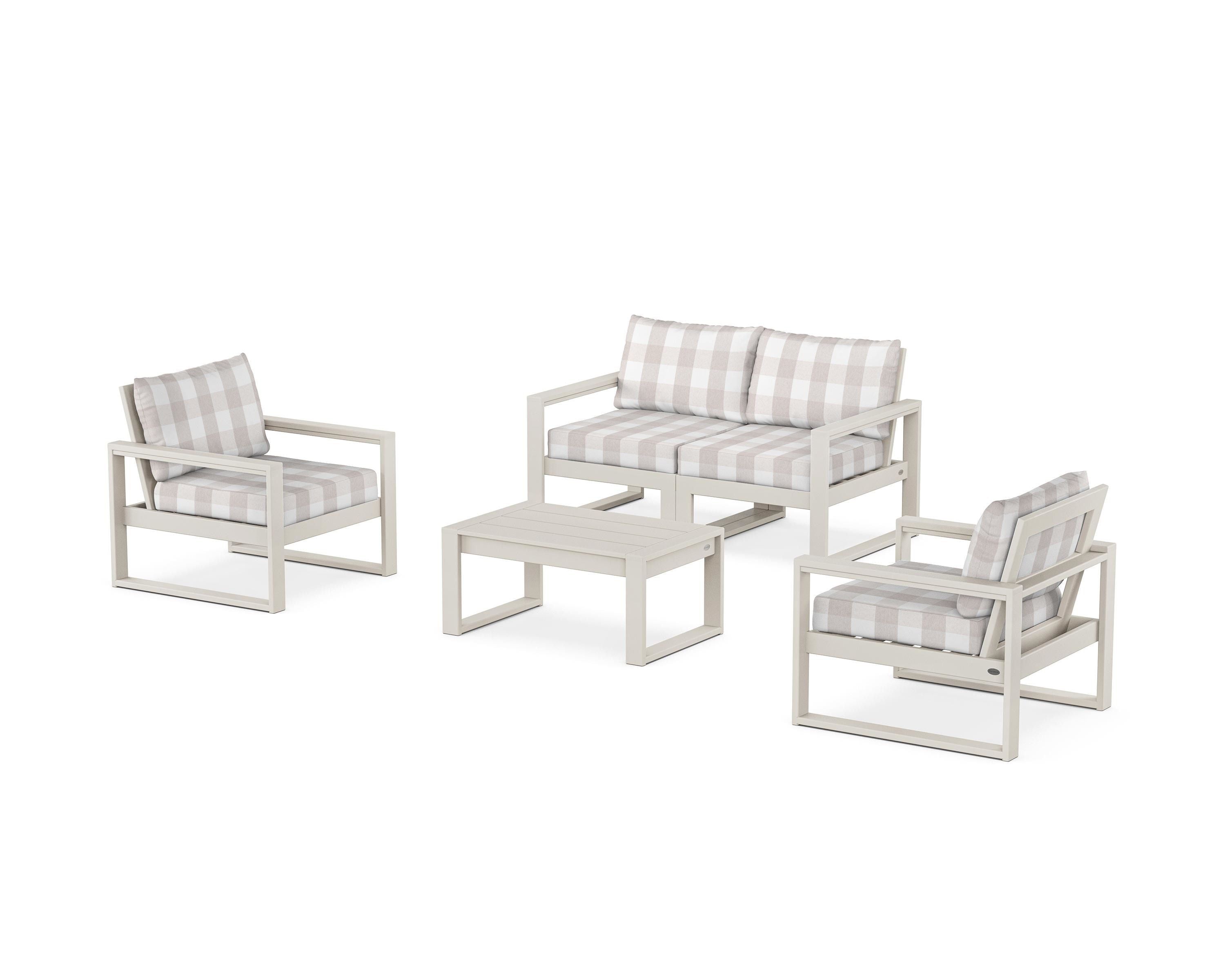 POLYWOOD® EDGE Sectional 4-Piece Deep Seating Set with Loveseat in Sand / Buffalo Plaid Dune Burlap