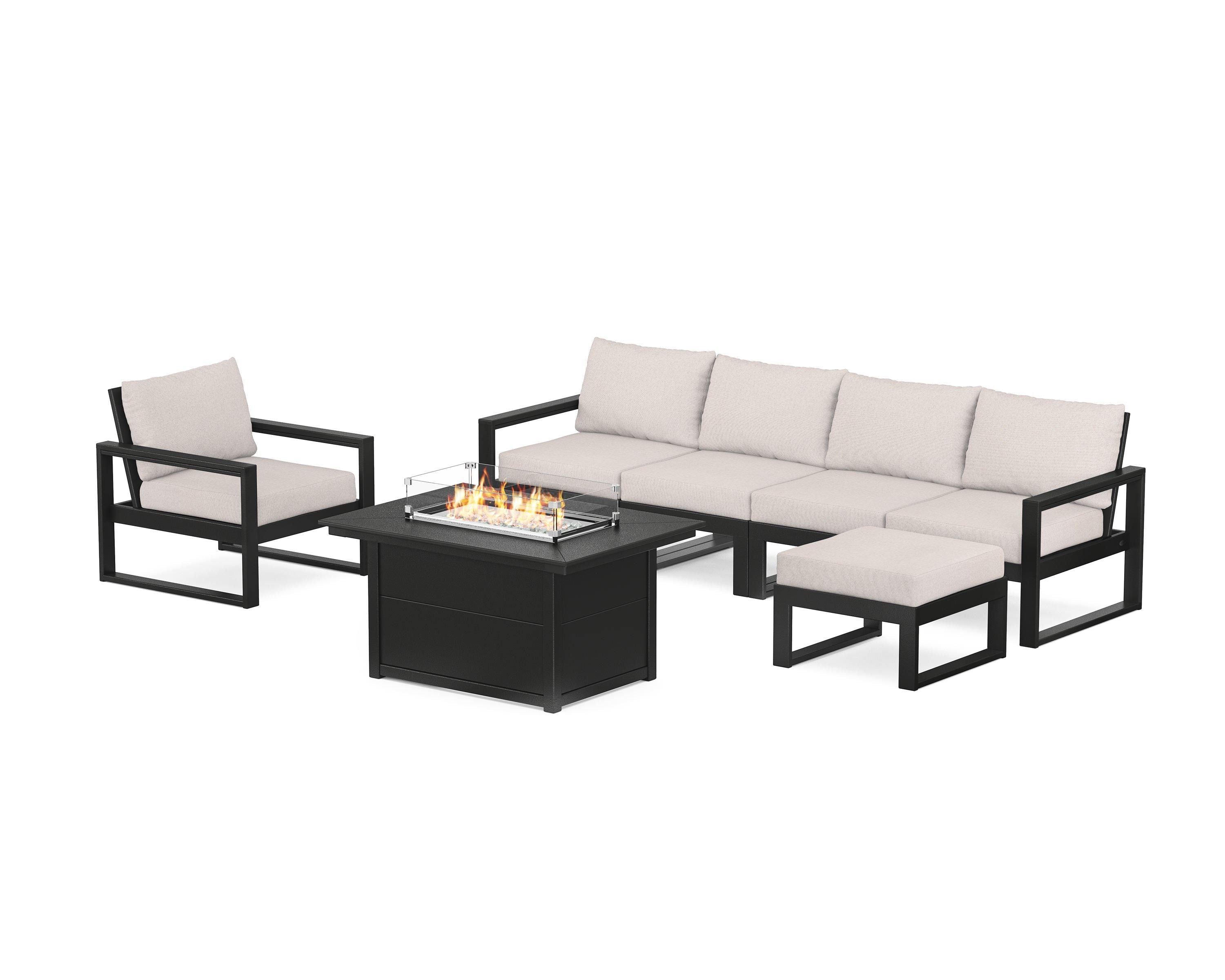 POLYWOOD® EDGE Sectional Lounge and Fire Pit Set in Black / Dune Burlap