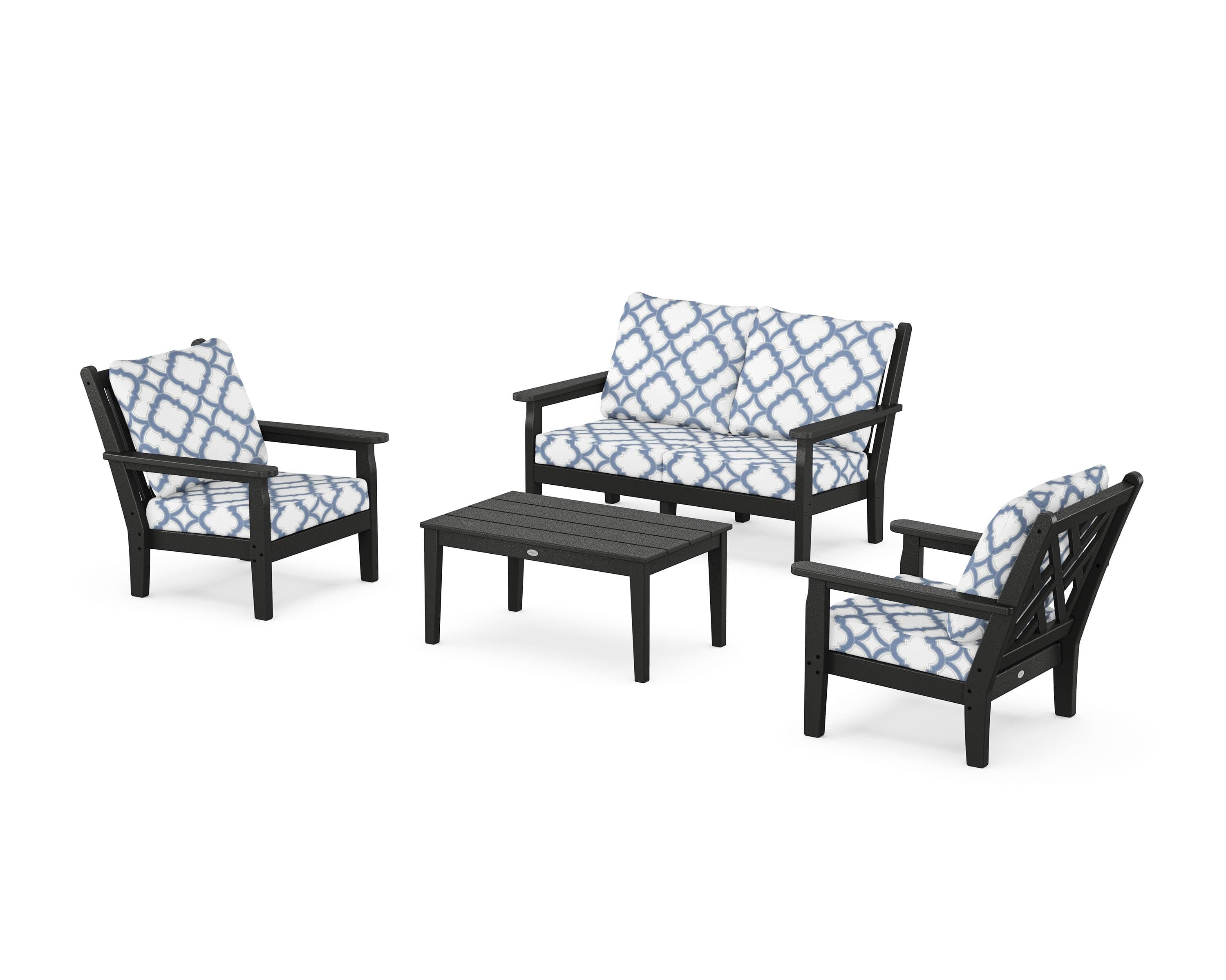 POLYWOOD® Chippendale 4-Piece Deep Seating Set with Loveseat in Black / Trellis Sky Blue
