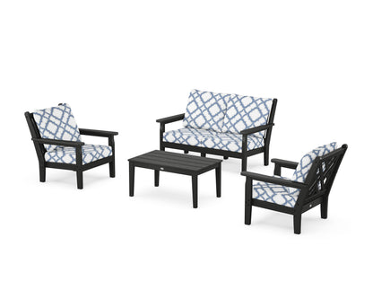 POLYWOOD® Chippendale 4-Piece Deep Seating Set with Loveseat in Black / Trellis Sky Blue