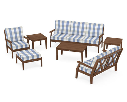 POLYWOOD® Braxton 7-Piece Deep Seating Set in Teak / Buffalo Plaid Sky Blue