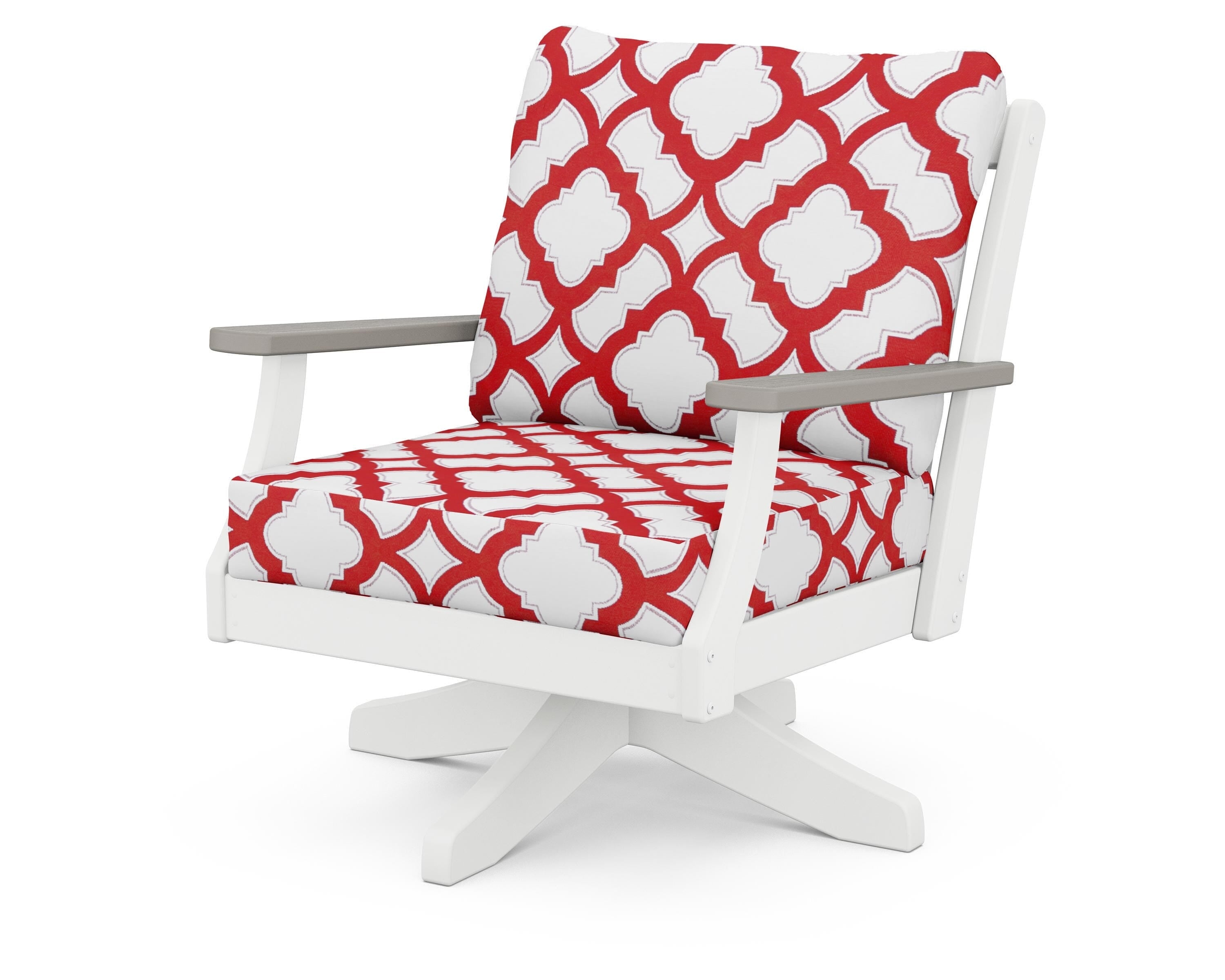 POLYWOOD® Braxton Deep Seating Swivel Chair in White / Driftwood / Trellis Crimson