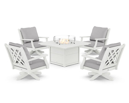 Country Living Wovendale 5-Piece Deep Seating Swivel Conversation Set with Fire Pit Table in White / Granite