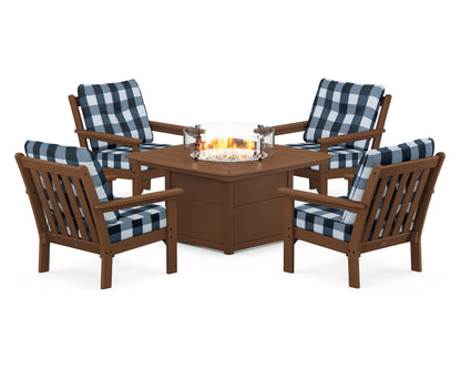 POLYWOOD® Vineyard 5-Piece Conversation Set with Fire Pit Table in Teak / Buffalo Plaid Marine Indigo