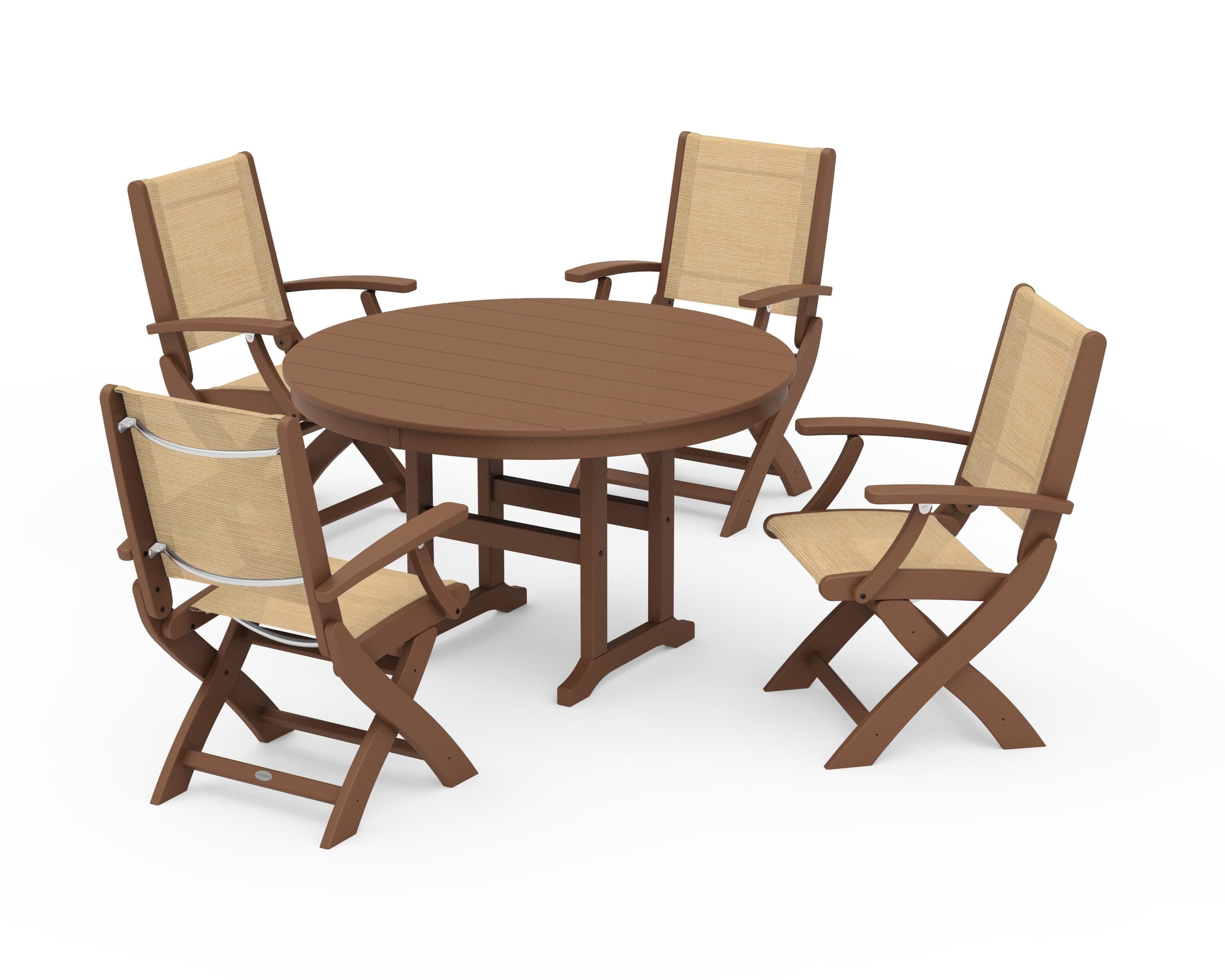 POLYWOOD® Coastal Folding Chair 5-Piece Round Dining Set in Teak / Dupioni Apricot Sling