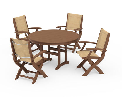 POLYWOOD® Coastal Folding Chair 5-Piece Round Dining Set in Teak / Dupioni Apricot Sling